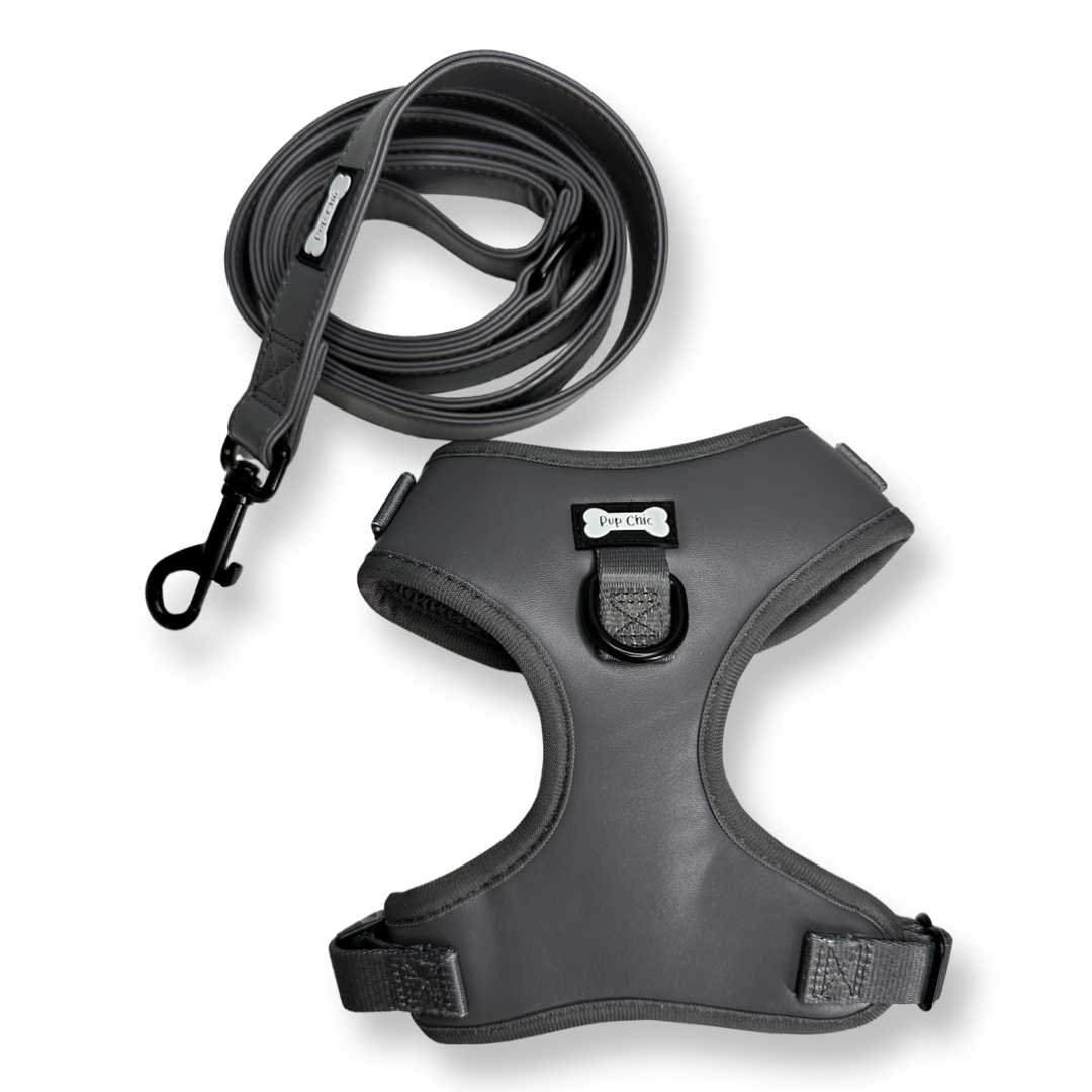 City Slicker grey vegan leather dog harness - adjustable dog harness - Pup Chic Boutique