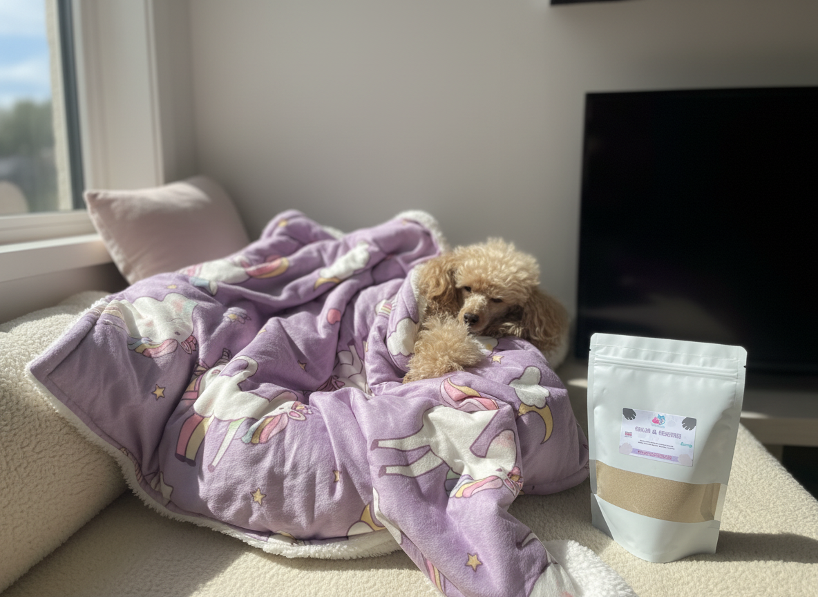 poodle snuggled under a blanket with a calming supplement