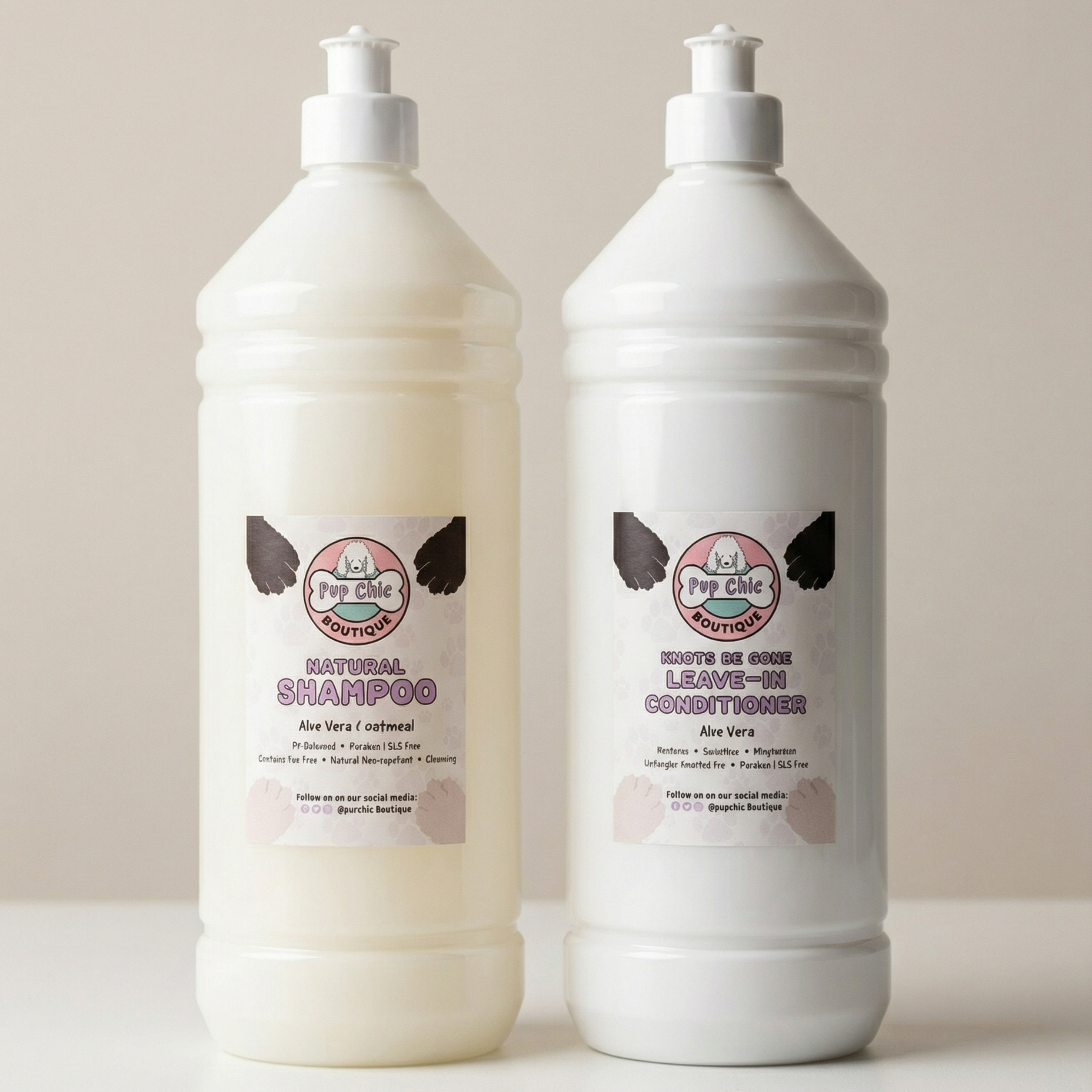 Two bottles of pet shampoo and conditioner on a neutral background