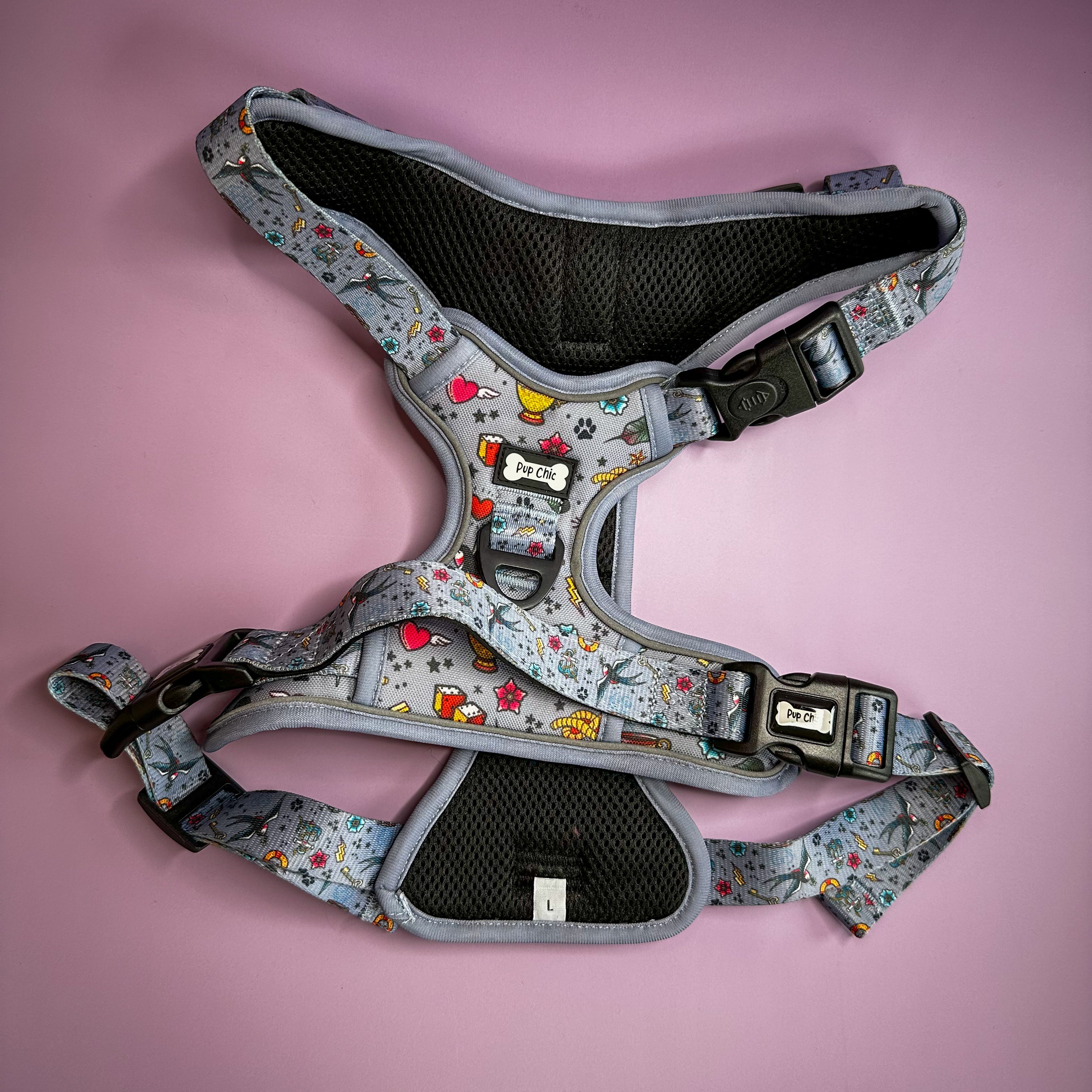 Artful Dogster No Pull Tactical Dog Harness – Vintage Tattoo Print, Adjustable, Step-In (Large-XL)