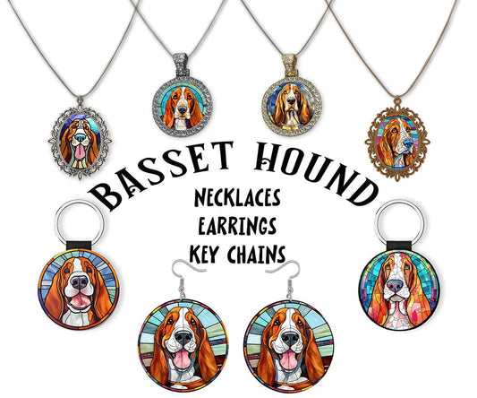 Bassett Hound keyring, earrings and necklaces