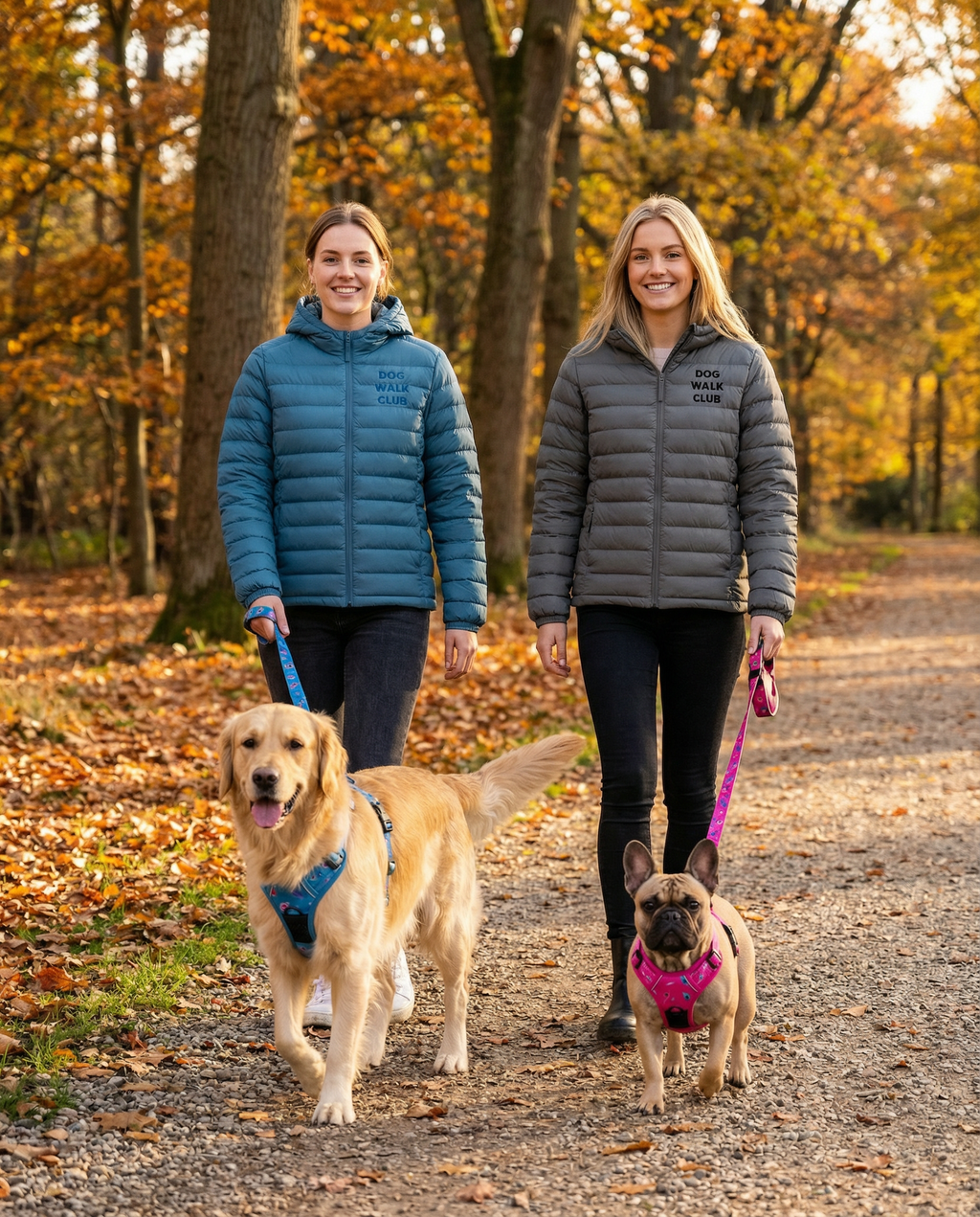 Two women walking dogs in a park with autumn foliage wearing matching Pup Chic jackets and the dogs twinning in matching blue and pink harnesses