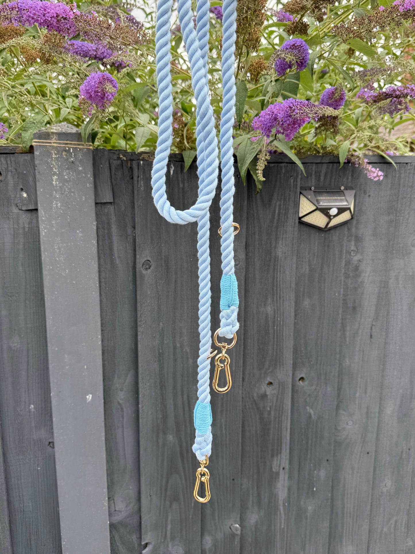 Close-up detail of metal clips and adjustable rings on blue rope lead