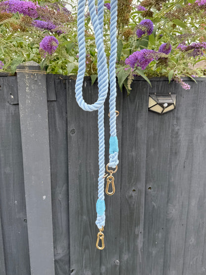 Close-up detail of metal clips and adjustable rings on blue rope lead