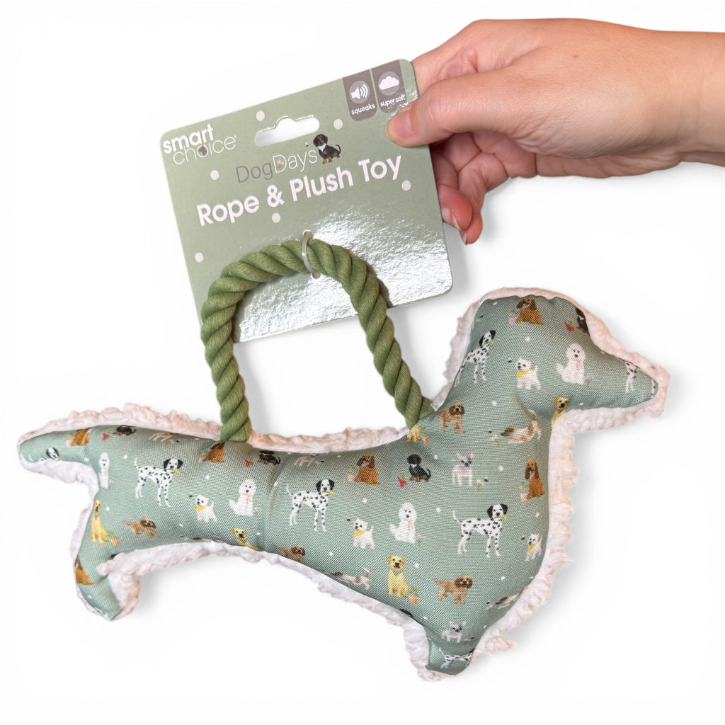 Dog Print Squeaky Rope & Plush Toy