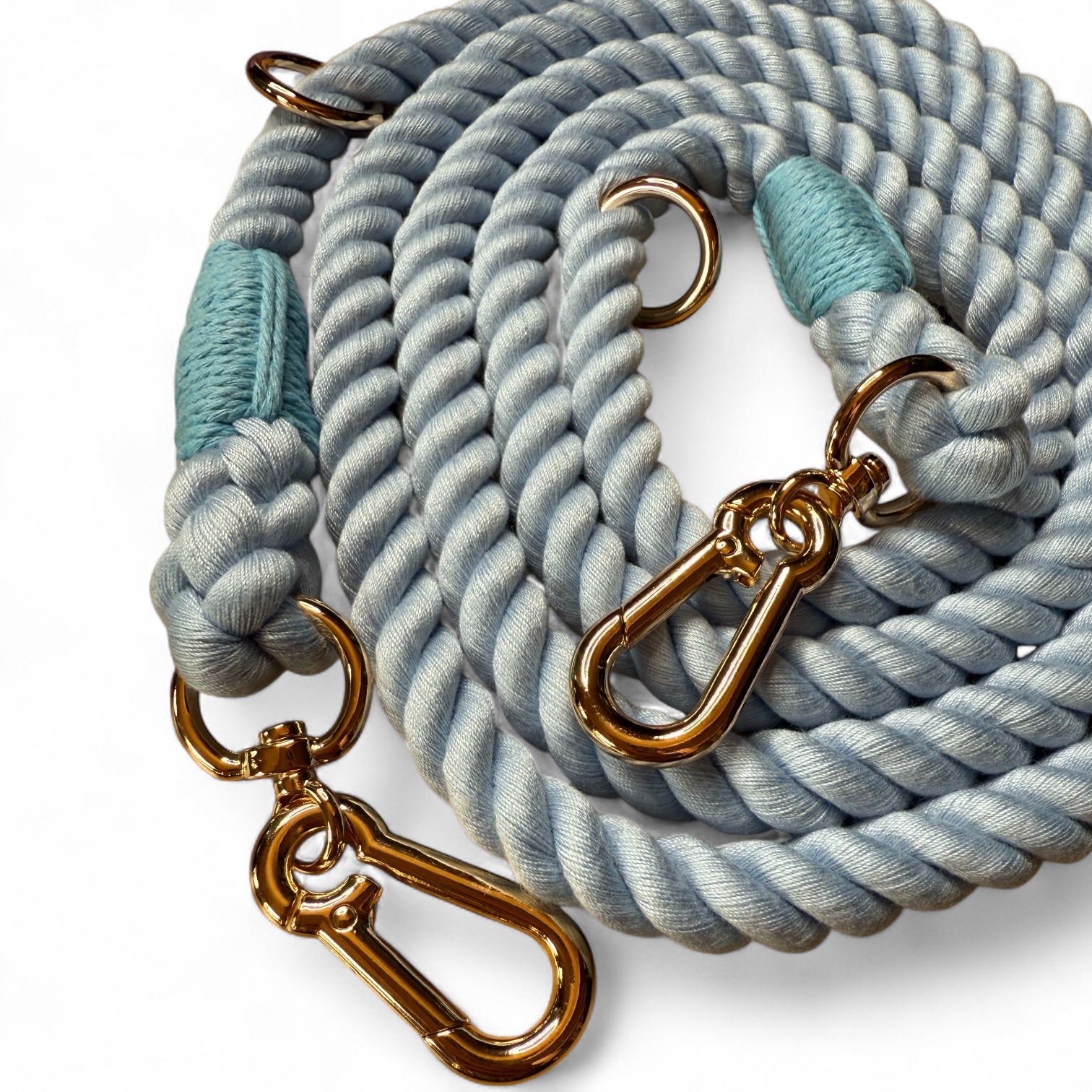 Close-up detail of metal clips and adjustable rings on blue rope lead