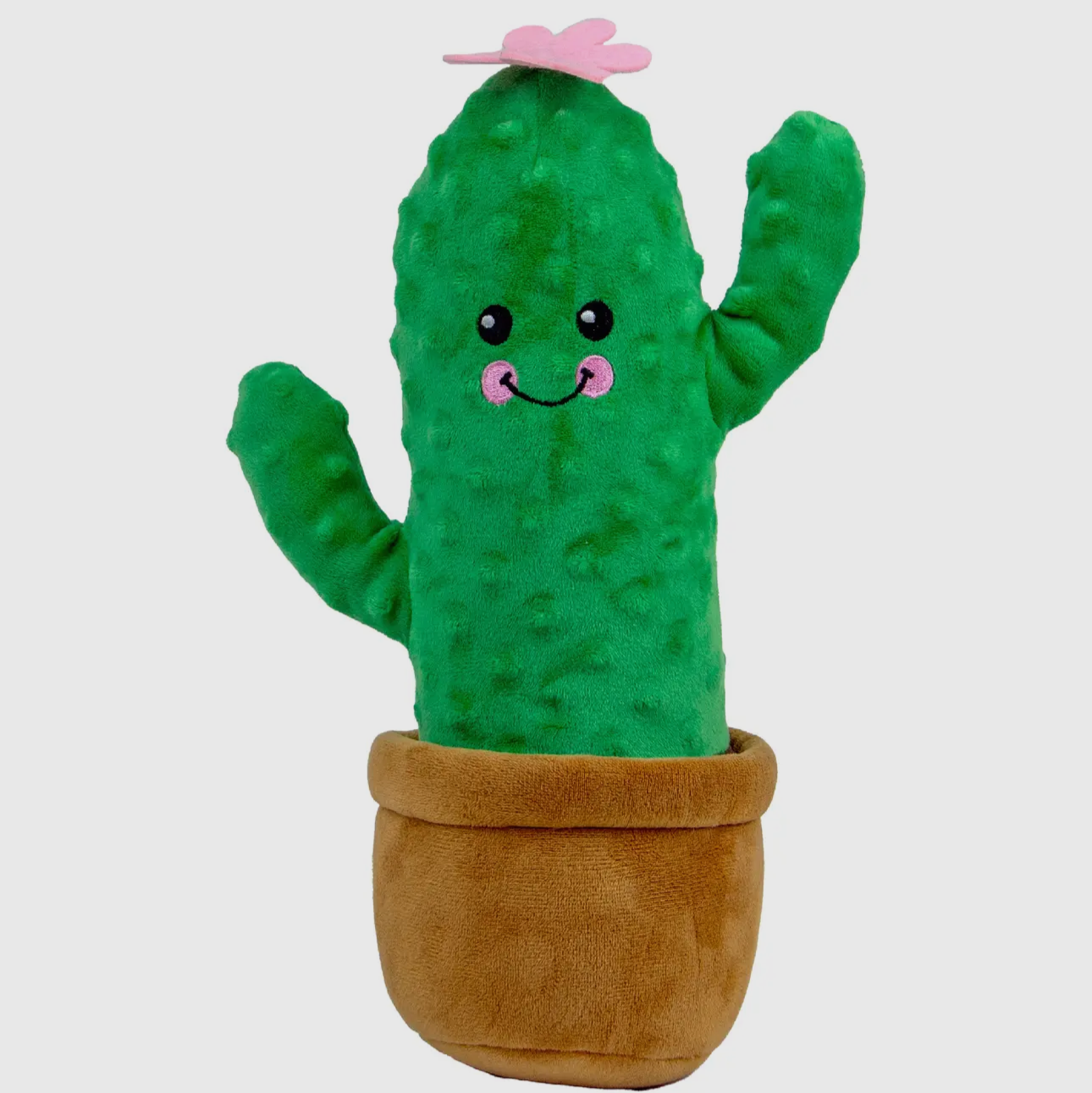 Plush cactus toy with a pink bow on a white background