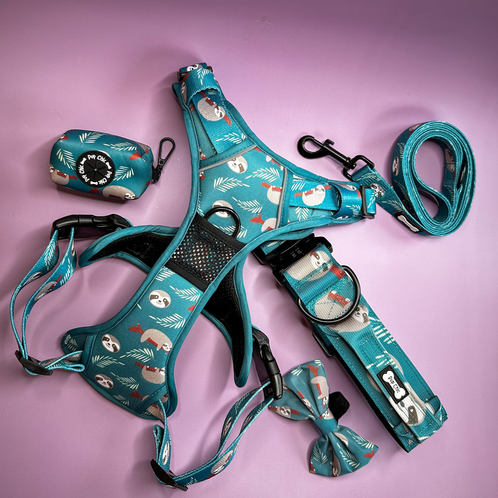 Lazy Sloth Tuff Stuff dog harness - three clip teal dog harness with handle - Pup Chic Boutique