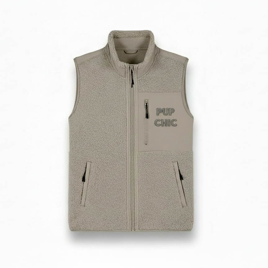Beige fleece vest with 'Pup Chic' text on a white background