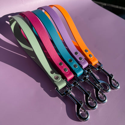 A collection of colourful traffic handle dog leads in natural light