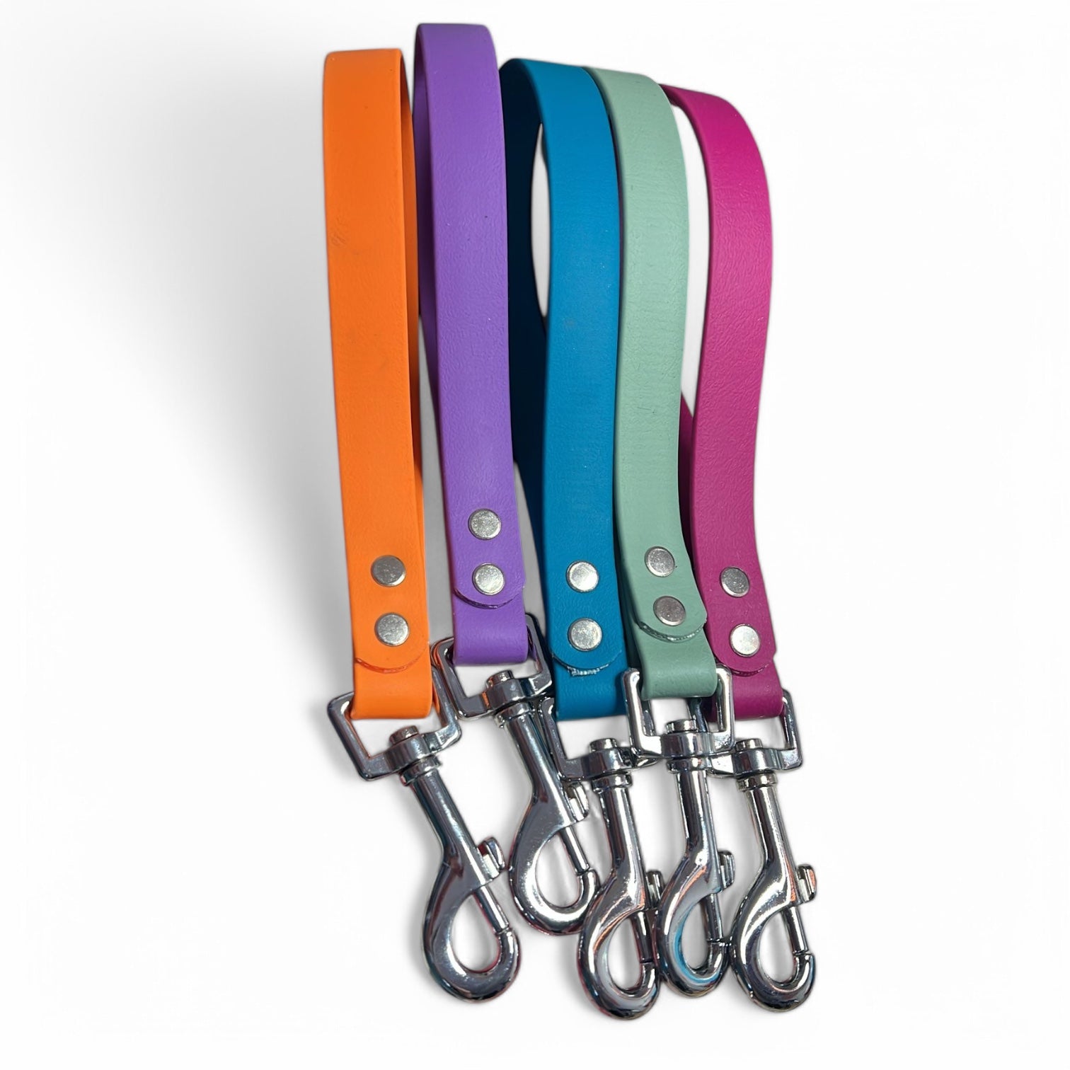 A collection of short dog leashes in various colors, each equipped with a traffic handle for extra control.