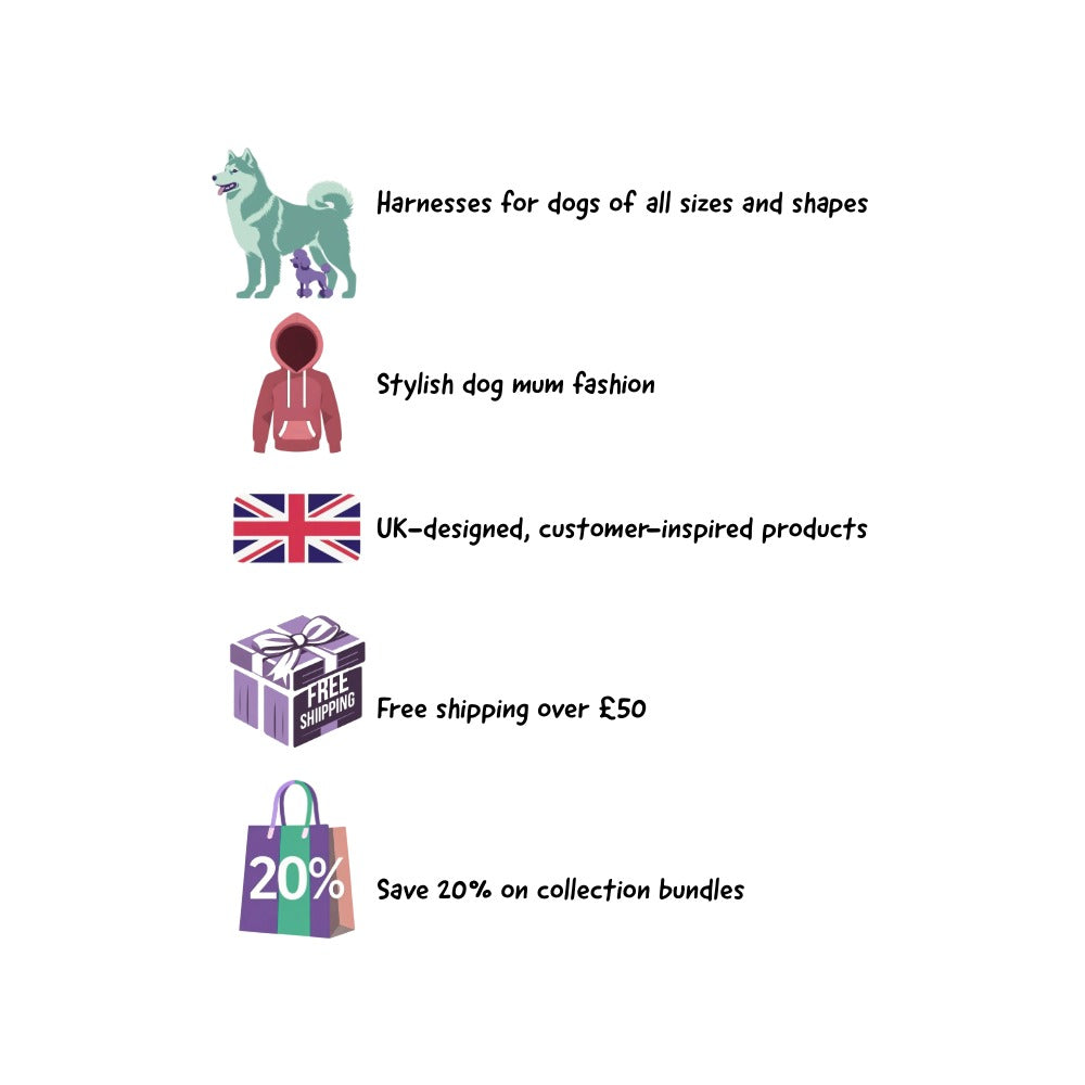 List of Pup Chic Boutique features: harnesses for all dog sizes and shapes, stylish dog mum fashion, UK designed and customer inspired products, free shipping on orders over £50, and 20% savings on bundles.
