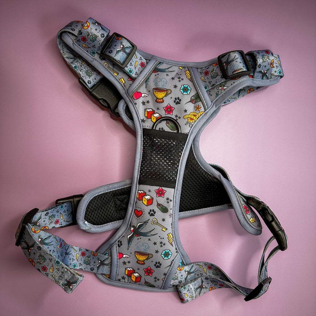 Artful Dogster No Pull Tactical Dog Harness – Vintage Tattoo Print, Adjustable, Step - In (Large - XL) - Pup Chic Boutique