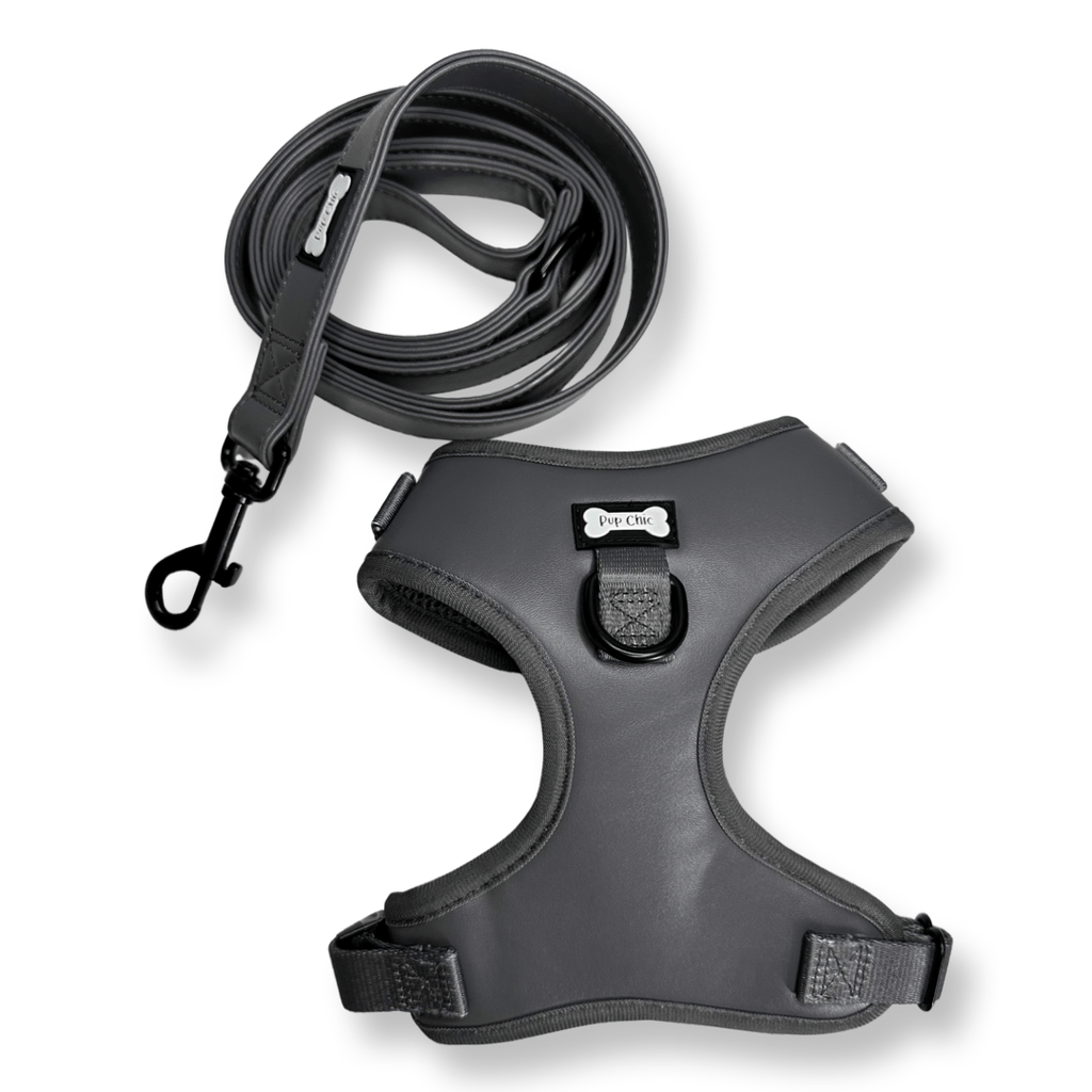City Slicker grey vegan leather dog harness - adjustable dog harness - Pup Chic Boutique