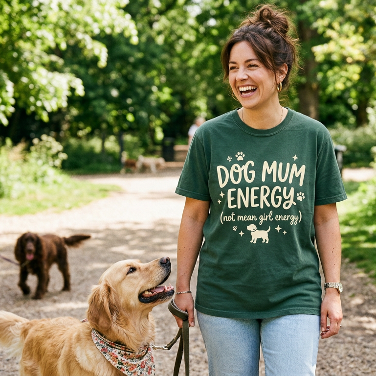 Woman in a green t-shirt with a dog-themed design standing in a park with dogs.