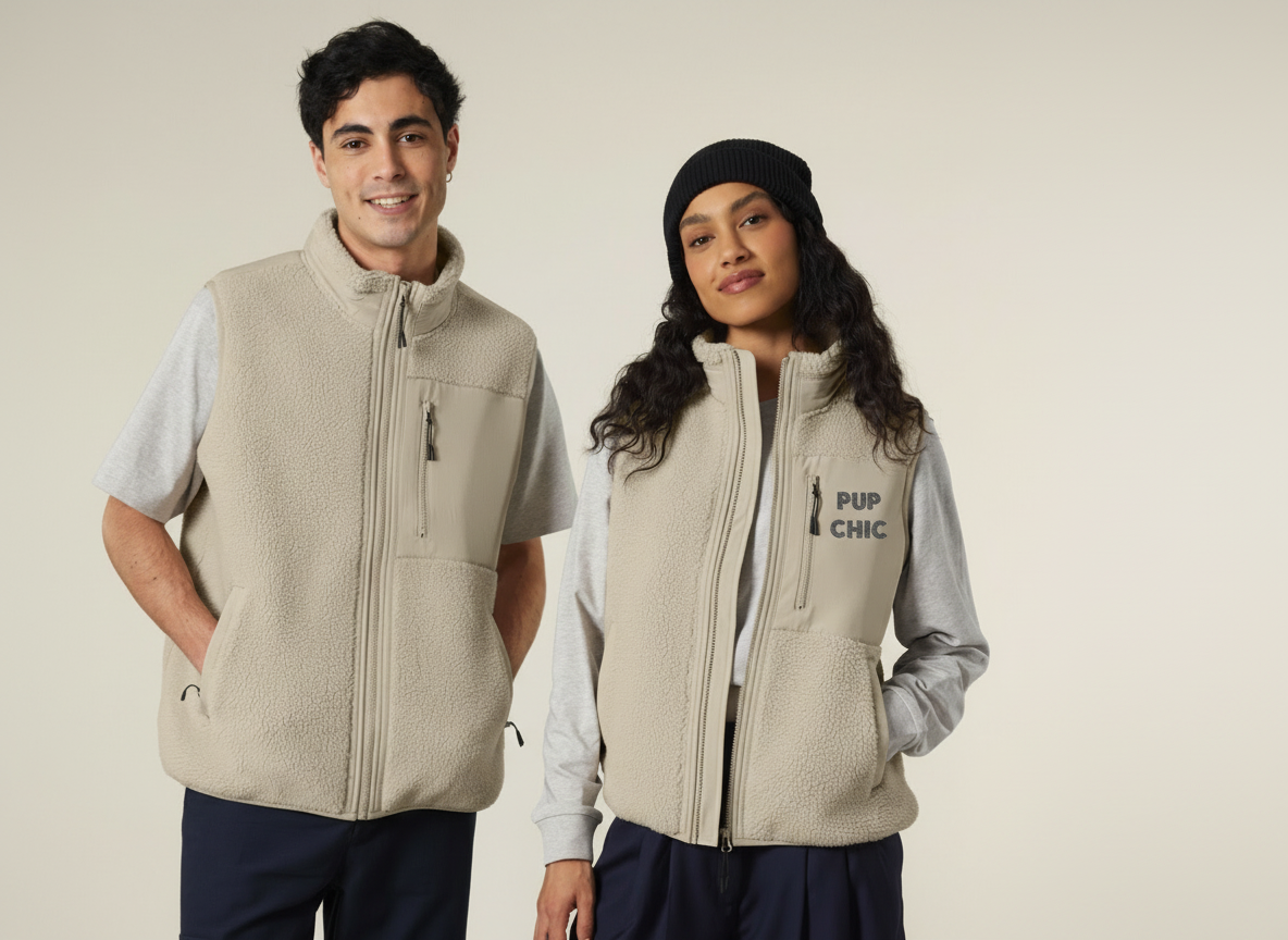 Pup Chic Sleeveless Fleece Dog Walking Jacket in Desert Dust (Recycled Sherpa + Polar Fleece)