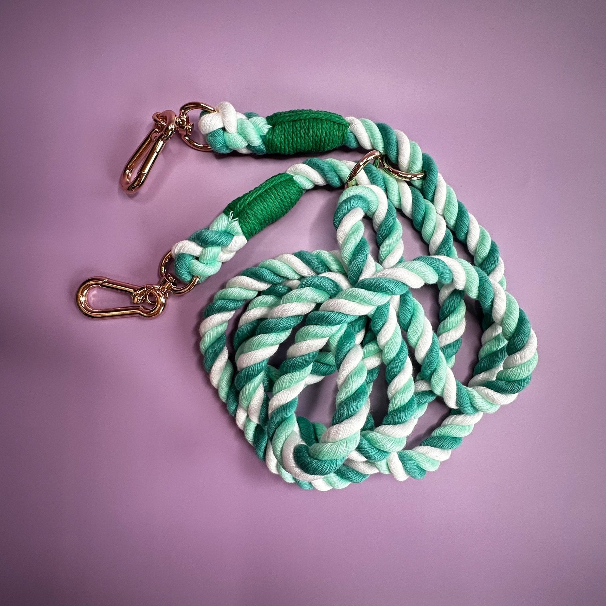 Green Multi - Use 7ft Rope Dog Lead – Green, Mint Green & White Stripes - Pup Chic Boutique