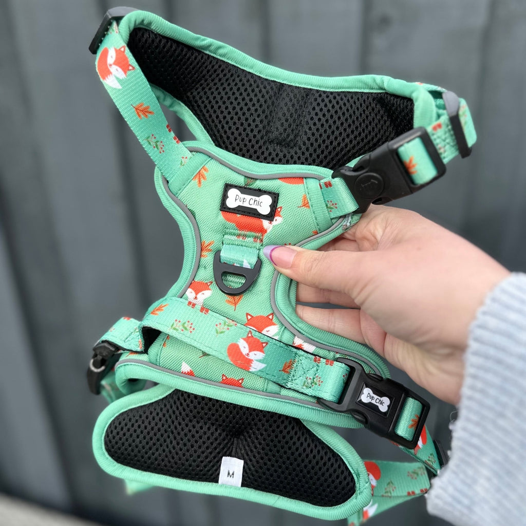 Inquisitive Fox No Pull Tactical Dog Harness – Green Fox Print, Adjustable, Step - In (XS - XL) - Pup Chic Boutique