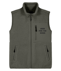 khaki sleeveless fleece jacket with the words here for the dogs on the pocket