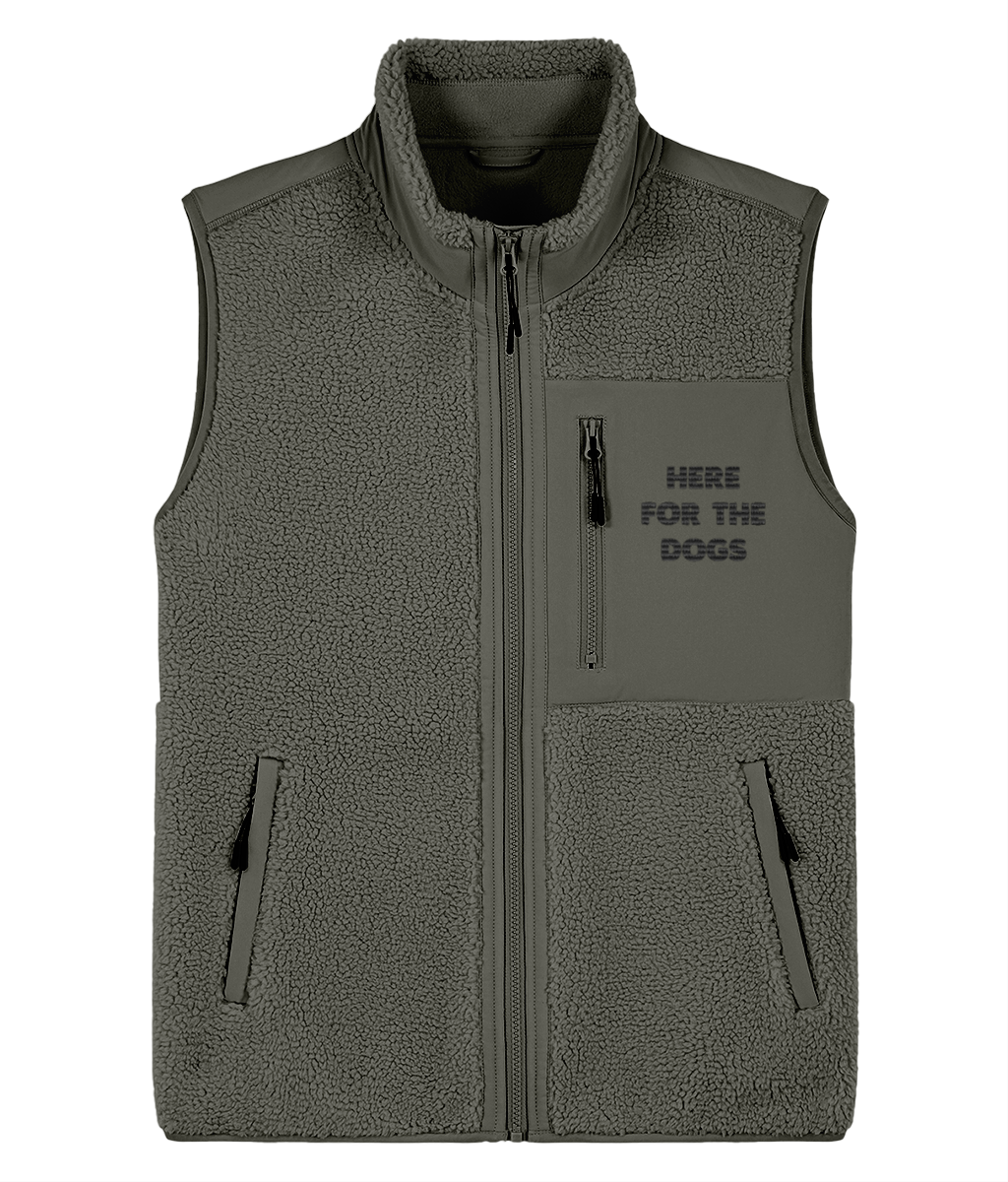 khaki sleeveless fleece jacket with the words here for the dogs on the pocket