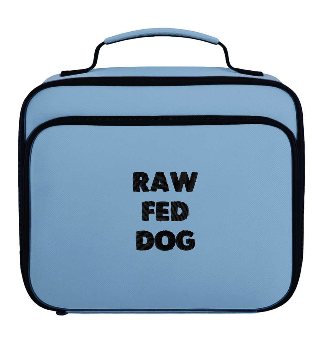 Blue insulated lunch bag with 'RAW FED DOG' text on a white background