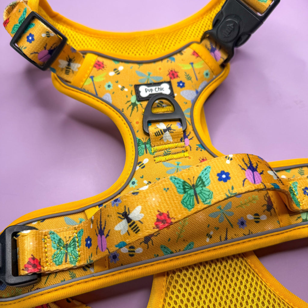 Summer Buzzin' No Pull Tactical Dog Harness – Yellow Insect Print, Adjustable, Step - In (XS - XL) - Pup Chic Boutique