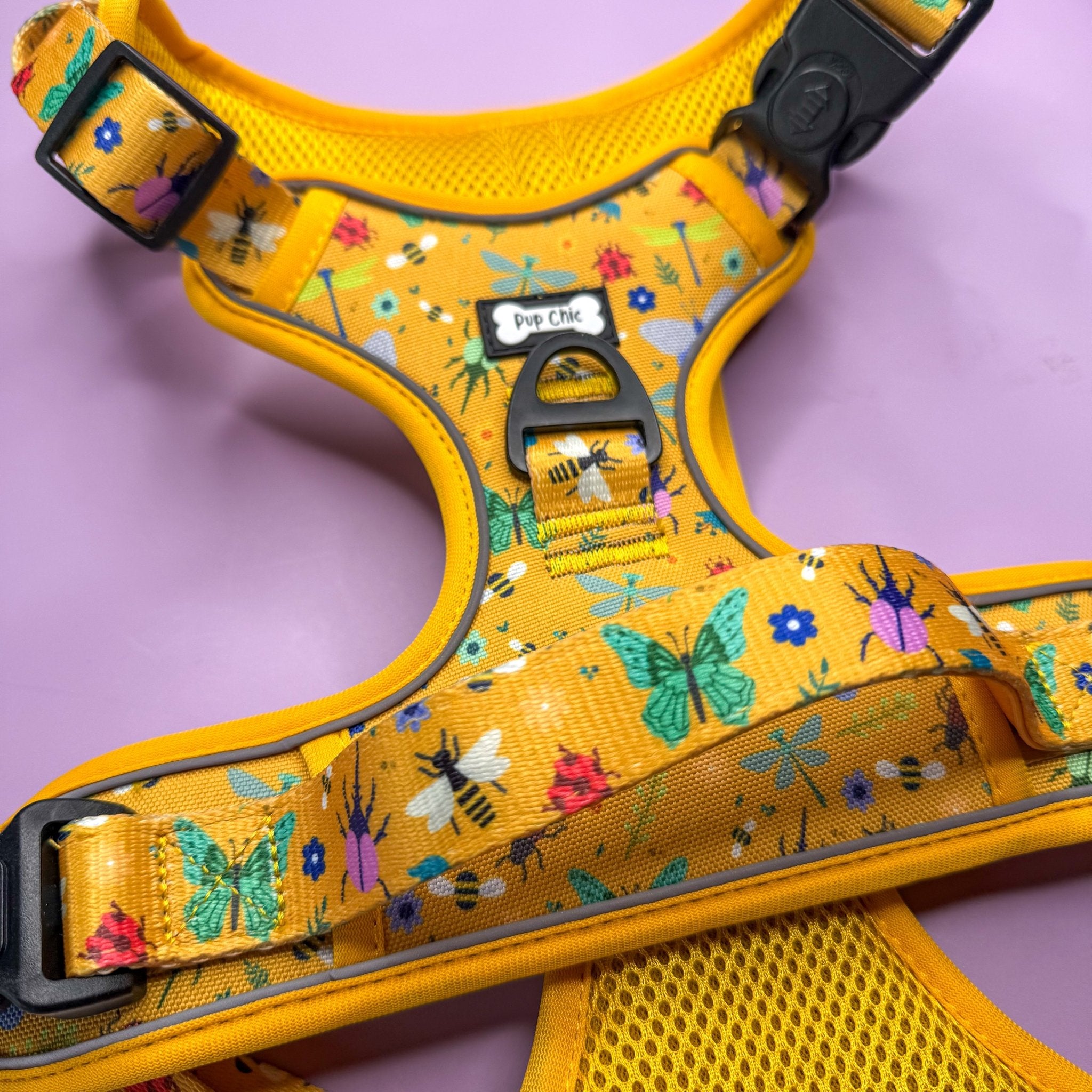 Summer Buzzin' No Pull Tactical Dog Harness – Yellow Insect Print, Adjustable, Step - In (XS - XL) - Pup Chic Boutique