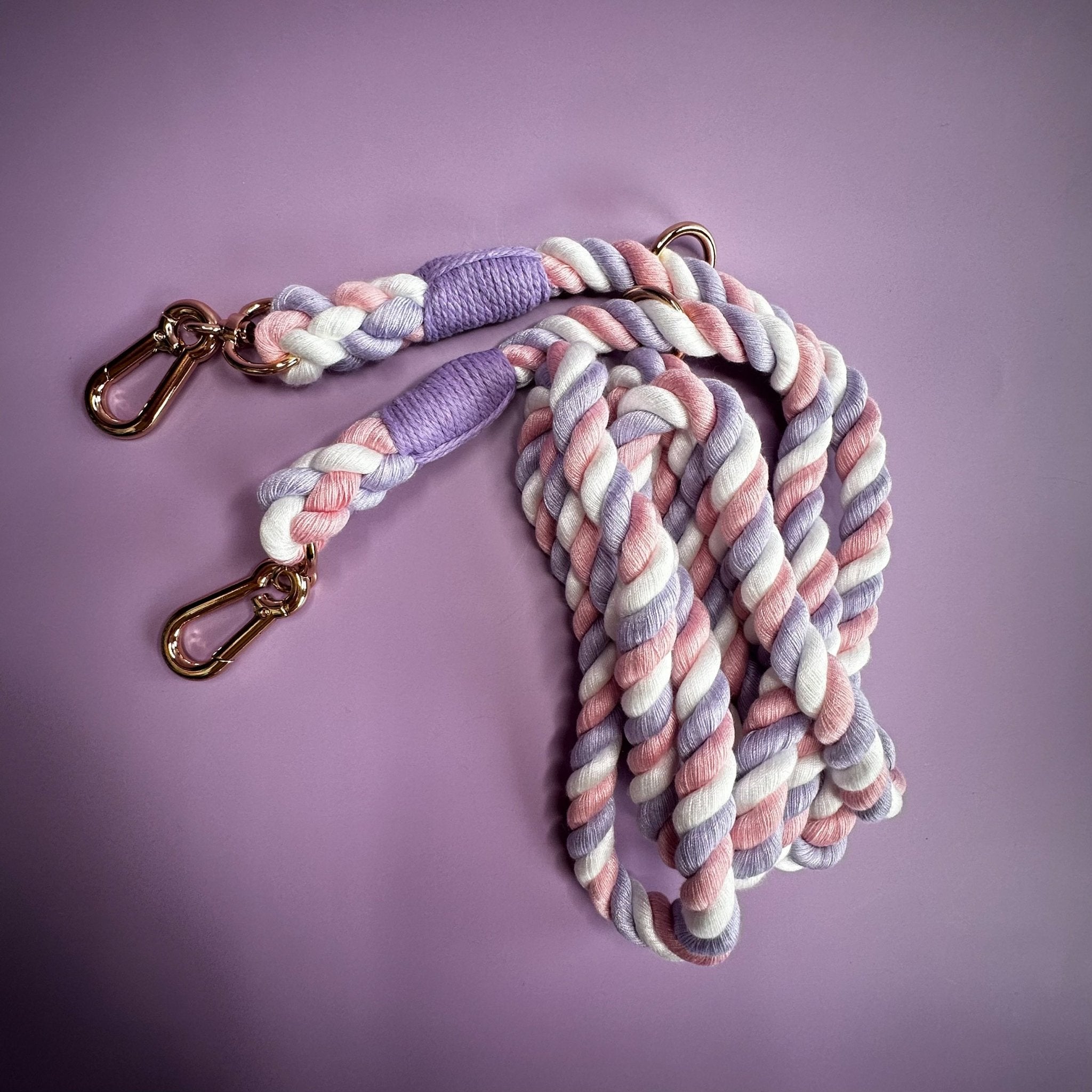 Unicorn Multi - Use 7ft Rope Dog Lead – Soft Lilac, White & Pink Stripes - Pup Chic Boutique