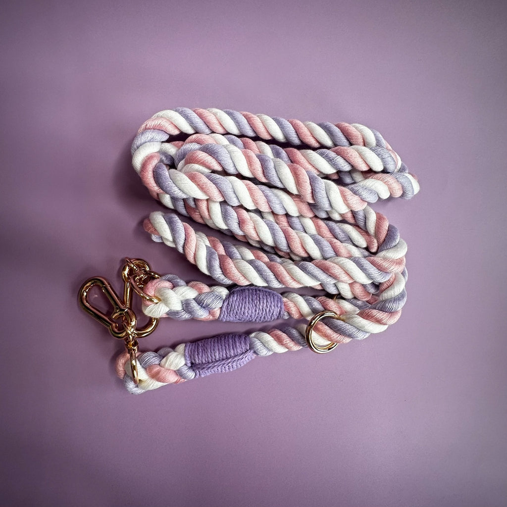 Unicorn Multi - Use 7ft Rope Dog Lead – Soft Lilac, White & Pink Stripes - Pup Chic Boutique