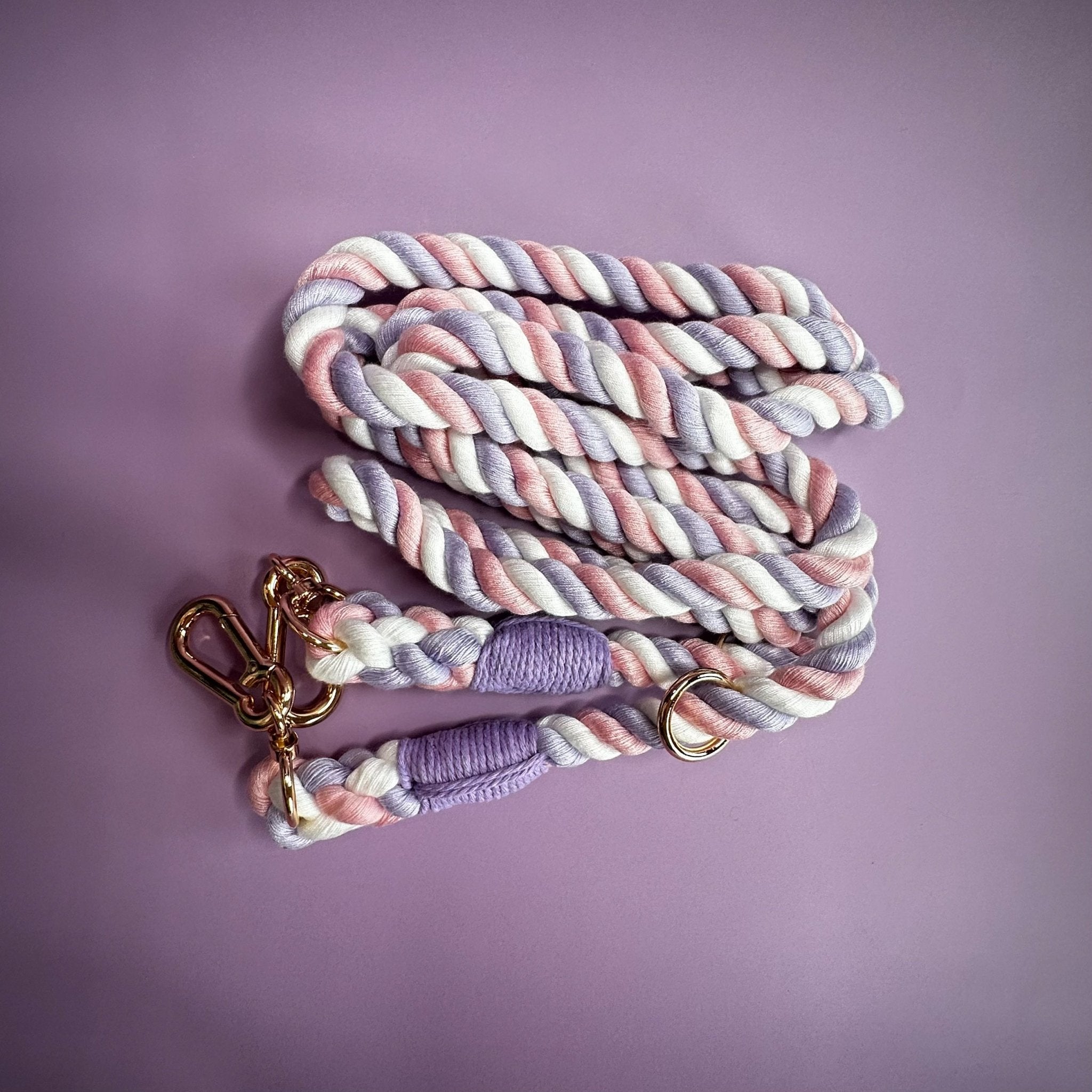 Unicorn Multi - Use 7ft Rope Dog Lead – Soft Lilac, White & Pink Stripes - Pup Chic Boutique