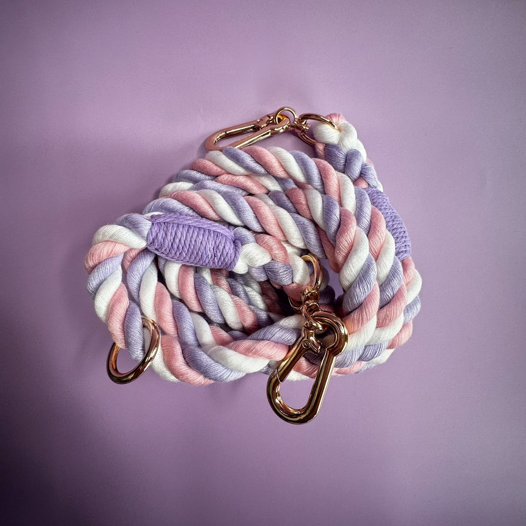 Unicorn Multi - Use 7ft Rope Dog Lead – Soft Lilac, White & Pink Stripes - Pup Chic Boutique