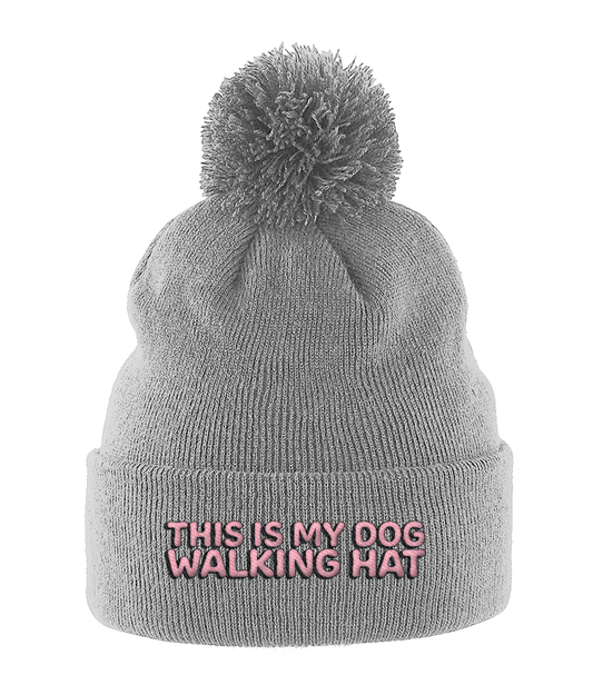 this is my dog walking hat pom pom beanie light grey