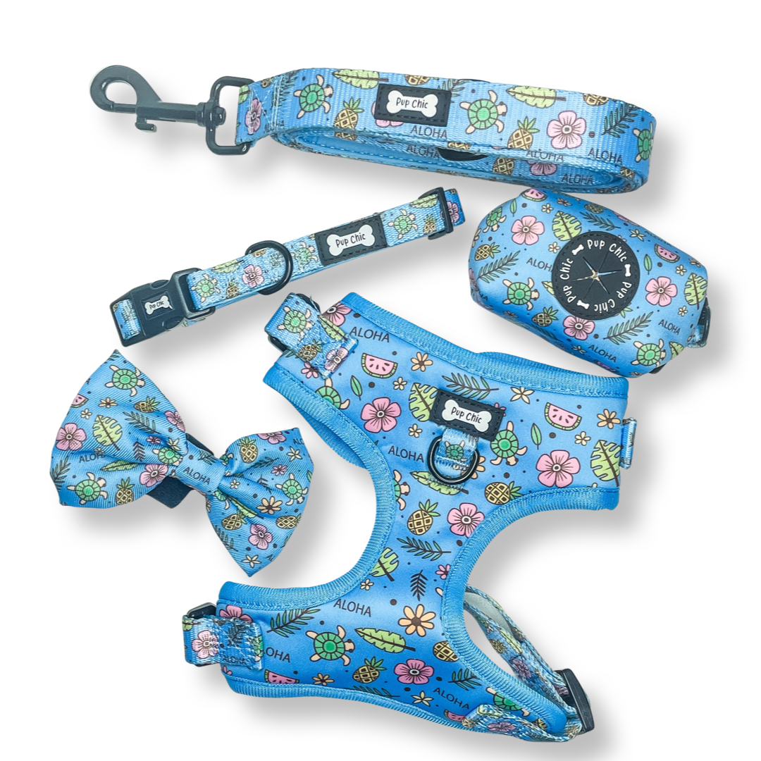 island breeze harness set - blue hawaiian dog harness set