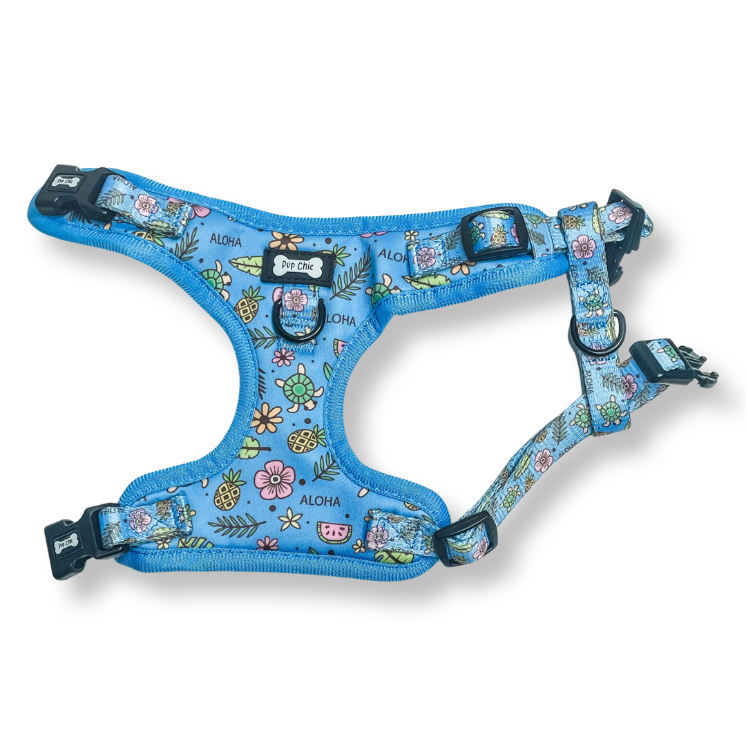 island breeze step-in adjustable harness - blue hawaiian dog harness