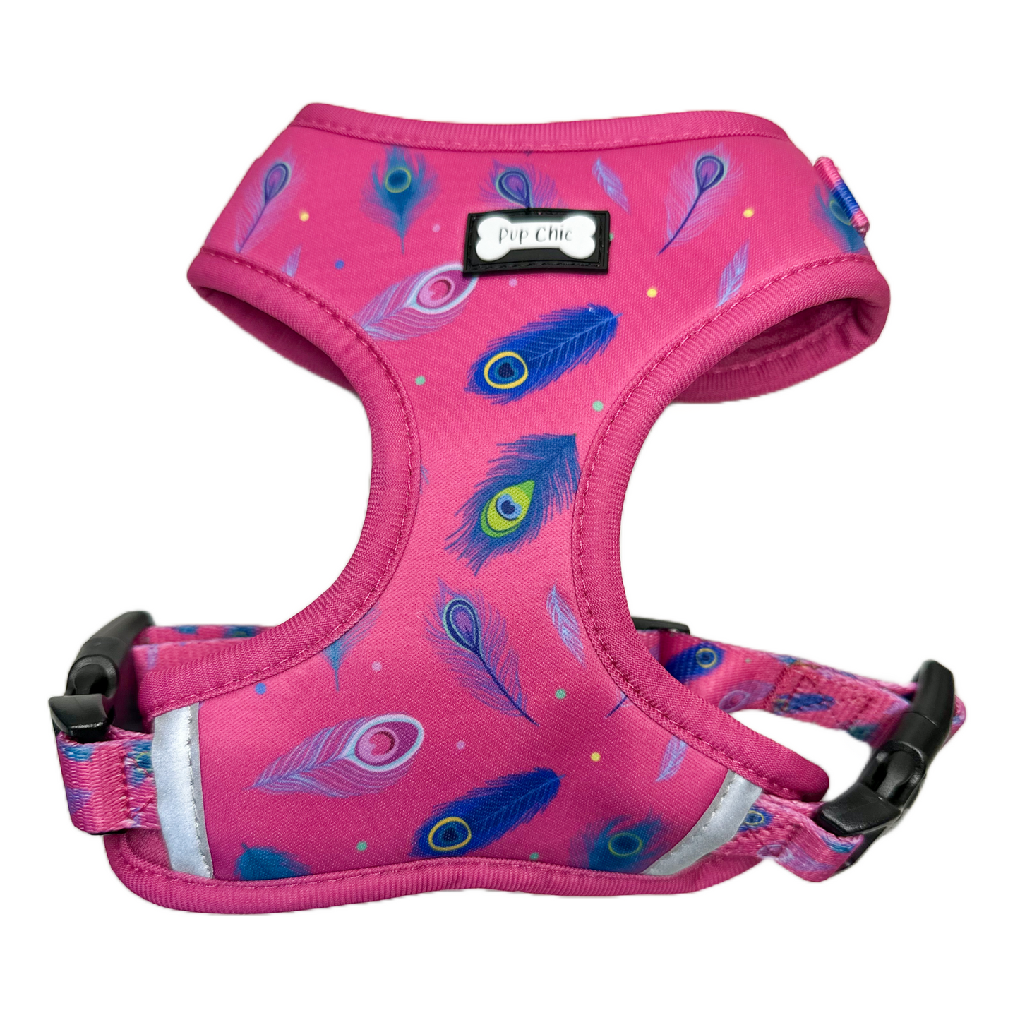 Peacock Power Adjustable Harness - hot pink peacock feather dog harness